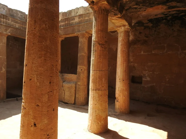 Doric columns of an atrium tomb at the Tombs of the Kings in Paphos
